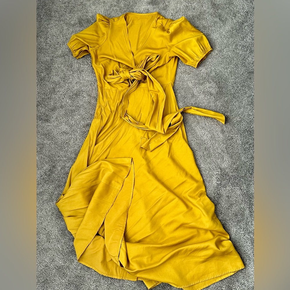 This is a fairy-tale like dress. Belle color (mustard), long, puffy sleeves.